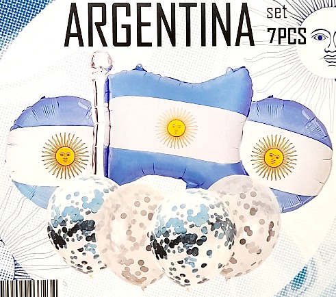 SET DE GLOBOS METALIZADO ARGENTINA BANDERA CONFETI 7 UNIDADES X 1